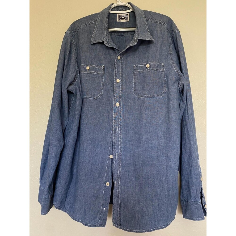 Vintage Convers One Star Button Up Denim Shirt Men XL 100% Cotton wte stitching